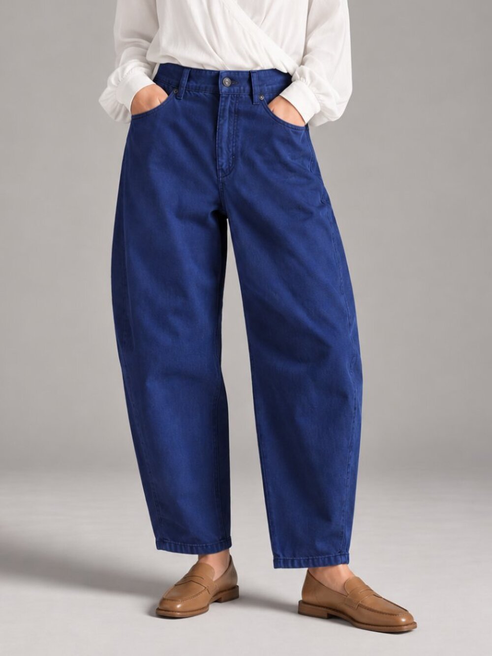 High rise barrel leg pants, navy blue cotton